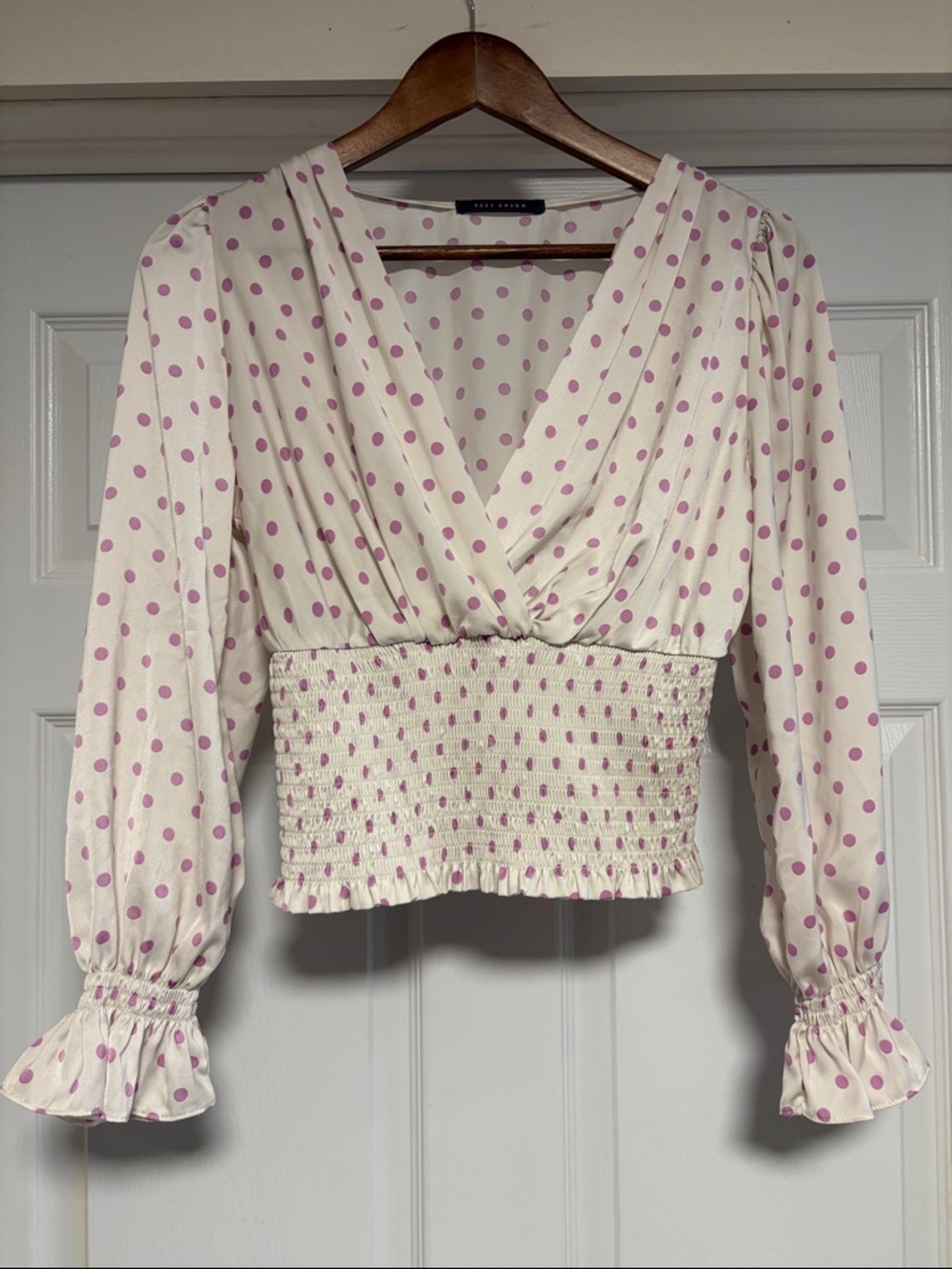 Suzy Shier Cream Top with Pink Polka Dots & Smocked Waist